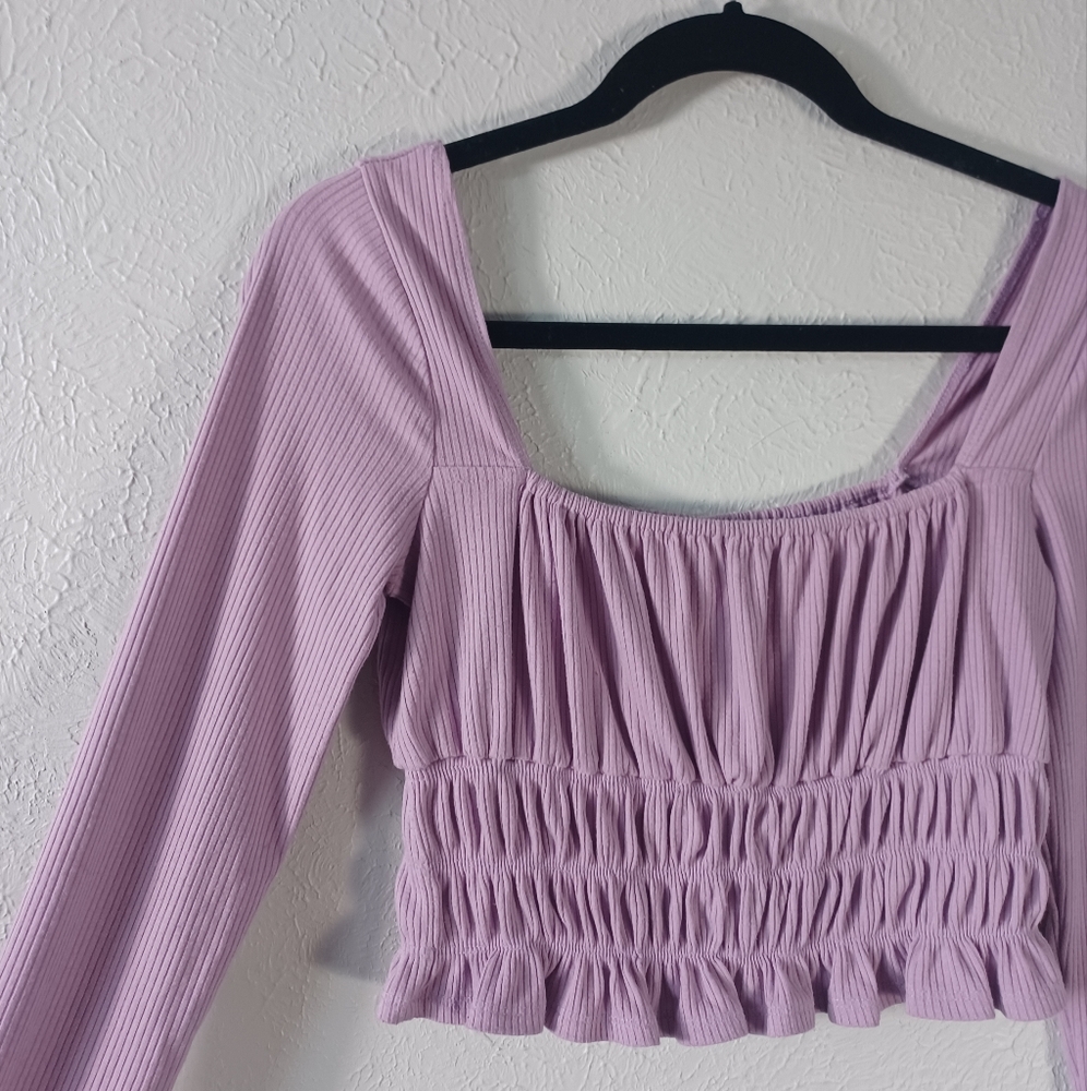 Forever 21 Purple Crop Square-Neck Long Sleeve Ruched Top